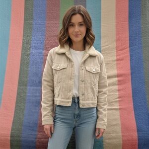 Forever 21 Beige Corduroy Bomber Jacket with Sherpa Collar